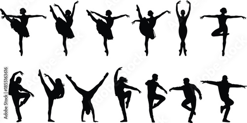 Collection of black silhouettes of ballet dancers and modern performers in graceful poses isolated on white background for artistic stage.