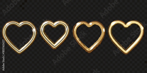 Four golden hearts in a row on a transparent background