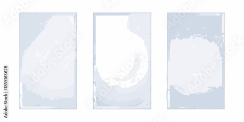 Three rectangular panels with abstract white shapes on a light blue background