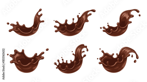 Set of realistic chocolate splashes and drops in various dynamic shapes, ideal for food, beverage, or dessert designs.