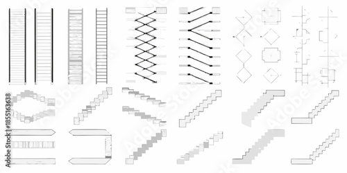 Collection of geometric patterns and line designs in grayscale shades