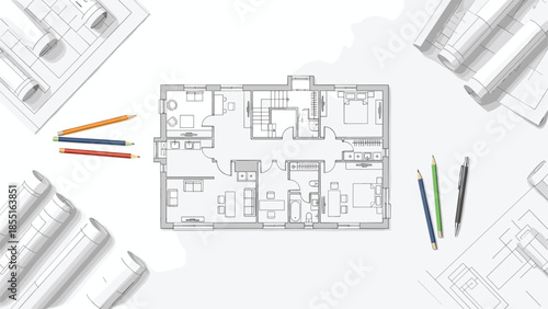 Detailed architectural floor plan surrounded by rolled blueprints and colored pencils, symbolizing design, planning, and construction.