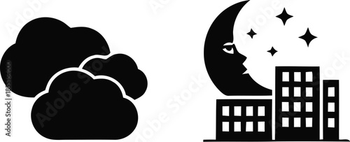 Black and white of a moon with stars and a sleeping face above buildings with clouds in the