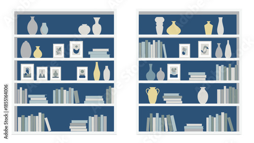 Two modern white bookshelves filled with books, vases, and framed pictures, depicting organized home decor and storage solutions.
