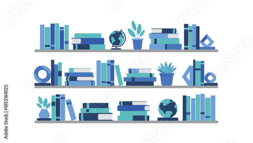 Three minimalist shelves neatly arranged with books, globes, and potted plants, embodying a clean and organized home or office space.