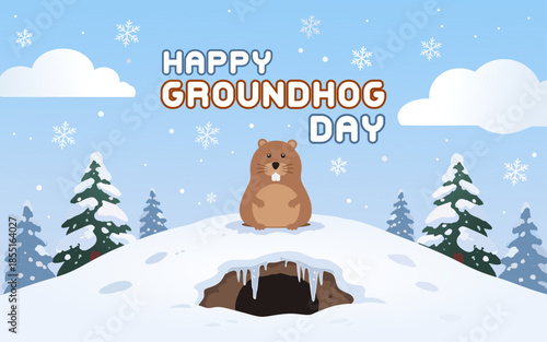 Happy Groundhog Day banner template featuring a cartoon groundhog standing in its hole, a snow-covered pine tree, and a scattering of snowflakes. Great for banners, posters, cards, and social media.