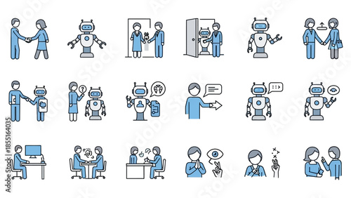 Robot and Human Interaction Icons Set.