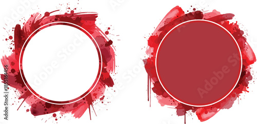 Red Watercolor Circle Frame Set with Splash and Drip Effect, Abstract Round Border with Paint Splatter Texture, Artistic Ink Stain Background Elements