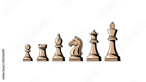 Complete set of light wooden chess pieces arranged in a line, symbolizing strategy, intellect, and the game of chess.