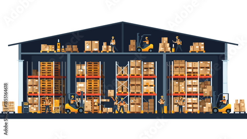 Busy warehouse interior with workers and forklifts efficiently moving and organizing various boxes on tall shelves.