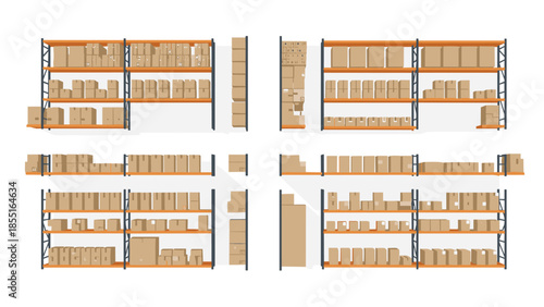 Multiple perspectives of warehouse shelving units packed with cardboard boxes, illustrating storage and inventory concepts.
