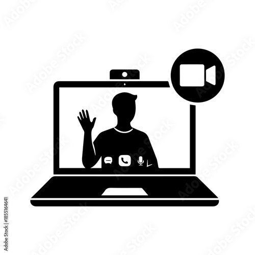 Person on Video Call Using Laptop – Minimal Black Silhouette Vector
