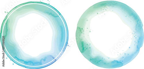 Turquoise Watercolor Circle Frame Set with Gradient Ocean Effect, Abstract Aqua Round Border with Soft Texture, Coastal Sea Water Splash Background Element