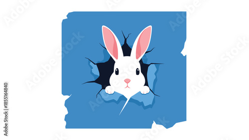Cute white rabbit peeking through a torn blue background, depicting surprise, curiosity, or breaking through.