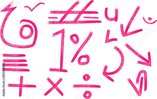 A colorful array of mathematical symbols and arrows in red on a white background for educational purposes