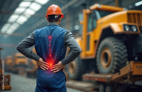 Factory worker with orange helmet holds lower back in pain near heavy yellow machine. Spinal column glows red showing ache, injury risk. Industrial setting.
