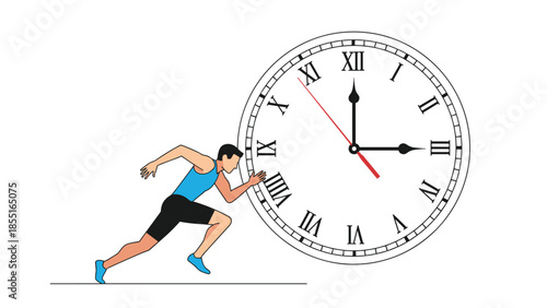 Dynamic illustration of a runner pushing against a large clock with Roman numerals, symbolizing time pressure and racing against the clock.