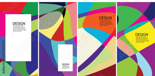 Abstract geometric poster and banner template set with vibrant CMYK colors. Modern dynamic composition featuring curved shapes, bold color intersections, and clean layout suitable for branding, market