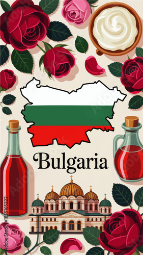 Bulgaria travel poster with map flag, Sofia cathedral, rose oil bottles and yogurt in colorful flat vector illustration