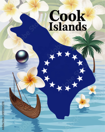 Cook Islands travel poster with island map, lagoon canoe, palm tree, pearl and tropical frangipani flowers in blue ocean illustration