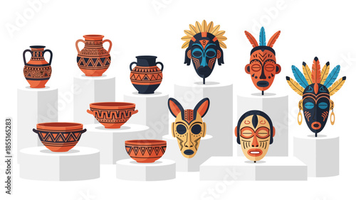 Display of traditional African and indigenous pottery, masks, and artifacts on pedestals, showcasing cultural heritage and art.