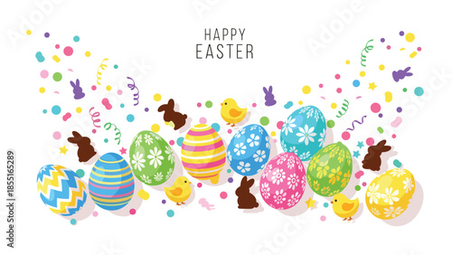 Vibrant "Happy Easter" banner adorned with colorful Easter eggs, chocolate bunnies, and confetti, capturing a festive spring celebration.
