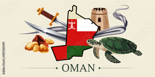 Oman culture illustration with map flag khanjar swords frankincense turtle fort and traditional Arabic heritage symbols