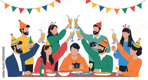 Group of friends celebrating together at a party with drinks, food, and festive hats in a joyful social gathering with bunting.