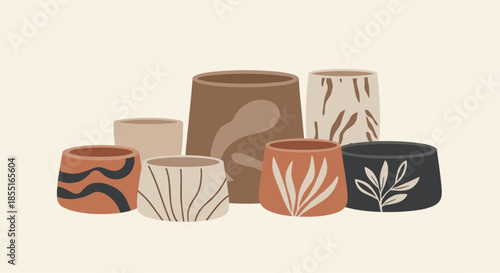 Group of stylish ceramic plant pots in different earthy colors and artistic patterns arranged together for indoor gardening inspiration.