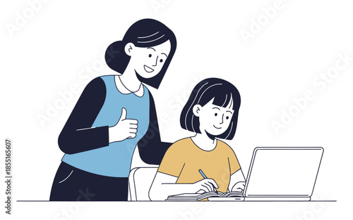 Supportive Teacher Giving Thumbs Up While Student Studies with Laptop.
