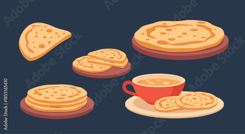 Traditional Indian meal featuring various types of flatbread like roti or paratha served with a hot cup of masala chai tea on a dark background.