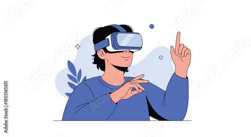 Young man wearing a blue virtual reality headset and using hand gestures to interact with a digital world in a modern flat illustration.