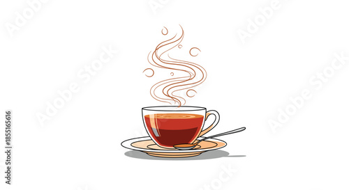 Steaming cup of hot tea served on a matching saucer with a small spoon on a plain white background for a relaxing beverage break.
