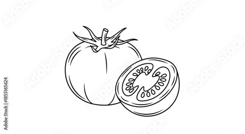 Simple black and white line drawing of a whole ripe tomato and a sliced half showing the seeds for educational or coloring use.