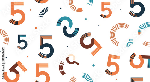 Playful repeating pattern featuring the number five and various abstract geometric shapes in orange, blue, and brown on a white background.