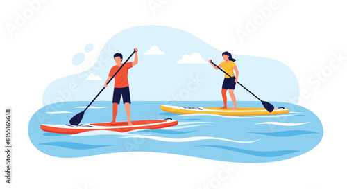 Active man and woman enjoying a day of stand up paddleboarding on a calm blue sea with clouds in the sky for a fun summer activity.
