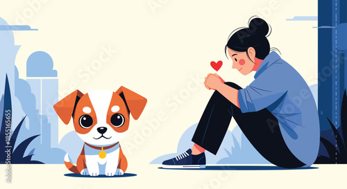 Sweet scene of a young girl sitting on the ground and looking fondly at a small cute puppy with big eyes in a soft outdoor setting.