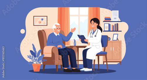 Professional female doctor wearing a white coat and stethoscope talking to a senior male patient in his home or a clinic for a medical checkup.