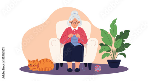 Elderly woman sitting in a cozy armchair while knitting a blue scarf with a cute ginger cat resting on the floor nearby in a peaceful home setting.