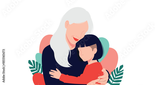 Heartfelt illustration of an elderly grandmother with white hair hugging her young granddaughter in a warm embrace with colorful shapes.