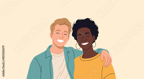 Happy young diverse couple embracing and smiling warmly while standing together against a soft yellow background in a cheerful atmosphere.