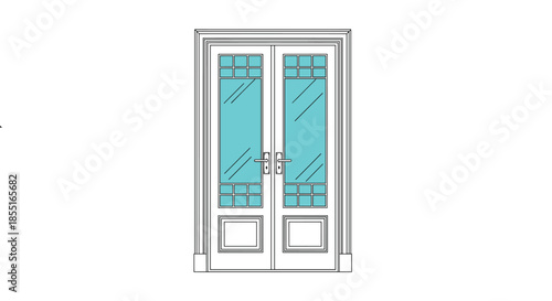 Elegant white double doors with glass panels and decorative molding isolated on a plain white background for architectural and home design.