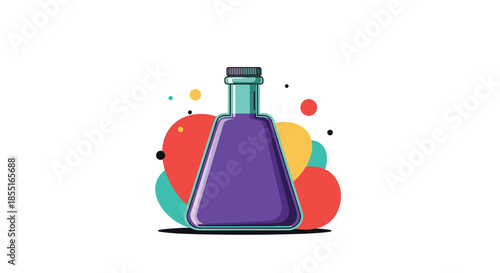 Glass laboratory conical flask filled with purple liquid surrounded by colorful abstract circles and dots on a white background for science.