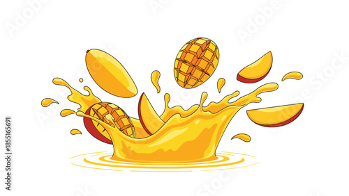 Dynamic splash of mango juice surrounded by whole and sliced mangoes, symbolizing freshness, vibrant flavor, and tropical delight.