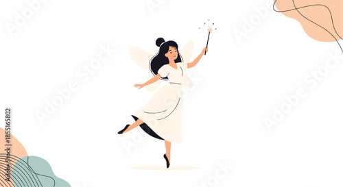 Elegant tooth fairy with black hair wearing a white dress and holding a magic wand while flying against a decorative background.