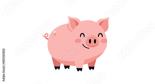 Cute pink pig cartoon character standing and smiling happily, perfect for children's illustrations and farm animal designs.