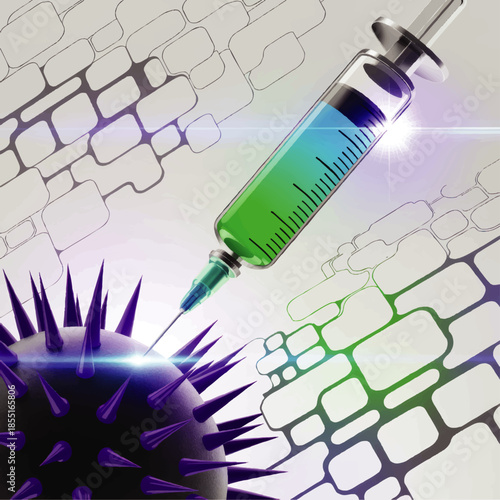 Futuristic medical illustration of syringe injection attacking virus cell, vaccine research, immunization and biotechnology concept background