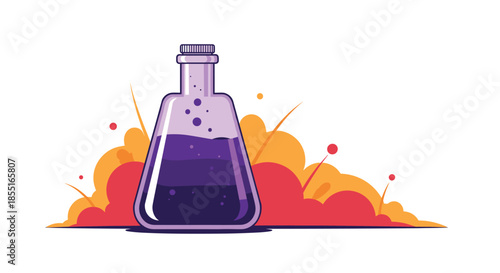 Magical purple potion in a glass flask with a dramatic orange and red explosion effect in a vibrant flat illustration style.