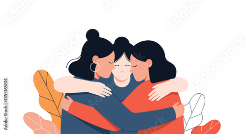 Three diverse women sharing a warm and supportive group hug surrounded by autumn leaves in a flat design illustration style.