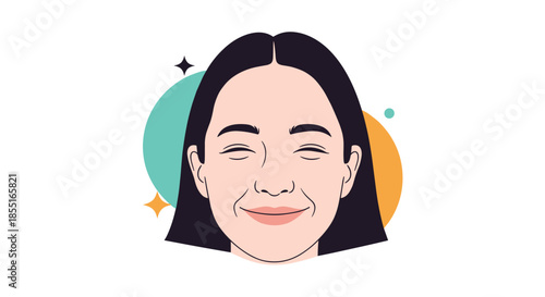 Cheerful face of a young woman with long dark hair smiling broadly with her eyes closed against a colorful abstract background.